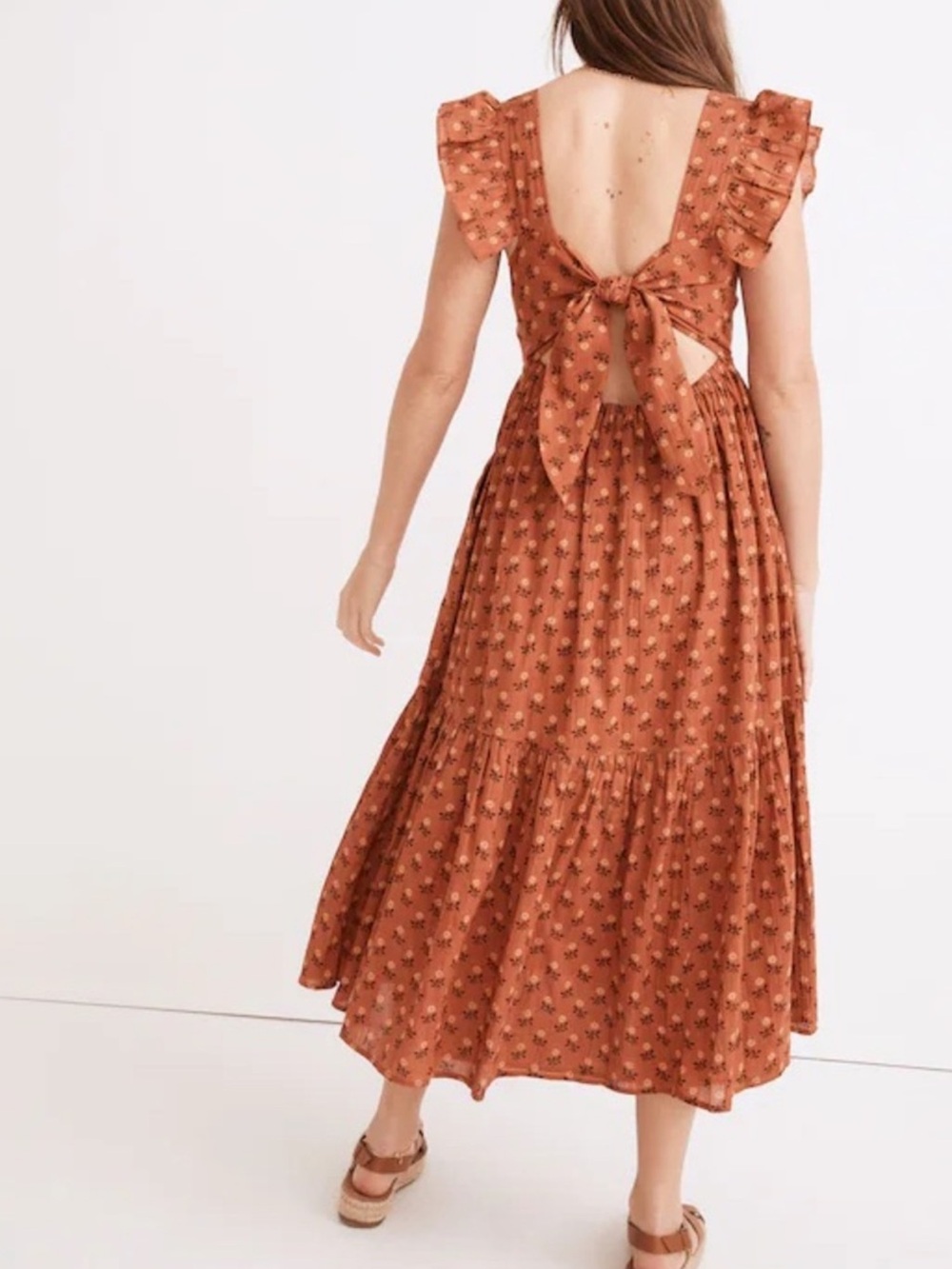 Madewell Ruffle-Strap Tiered Rust Floral Square-Neck Midi Dress Size: S